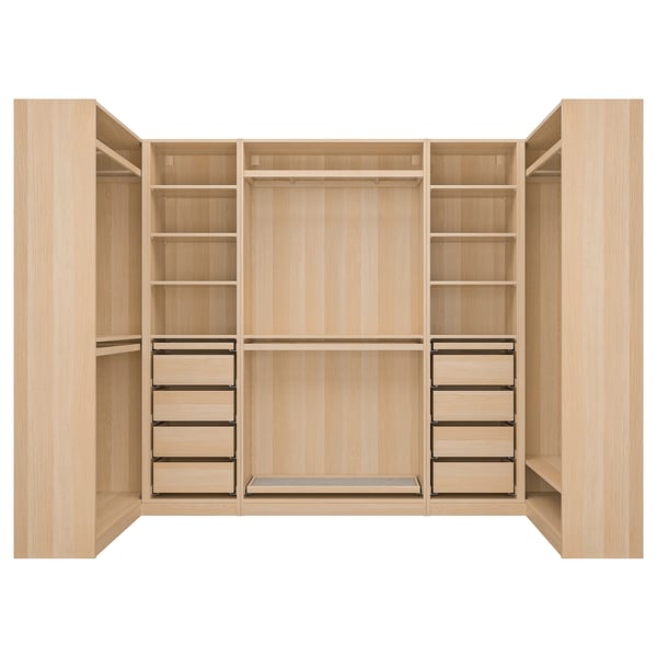 PAX: Kleiderschrank aus hellem Holz mit Regalen, Hängefläche, Schubladen. Modernes, organisiertes Design.