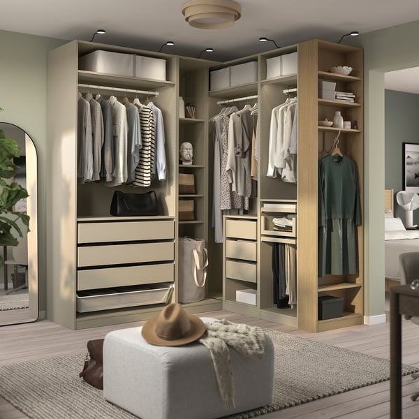 PAX Eckkleiderschrank, graubeige/graubeige Eichenfurnier, 231/161x236 cm