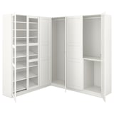 Weiße PAX-Schrankkombination mit offenen Türen, Spanplattenmaterial, rechteckiger Form und minimalistischem Design.