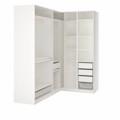 Weißer Eckschrank mit offenen Regalen und Schubladen.