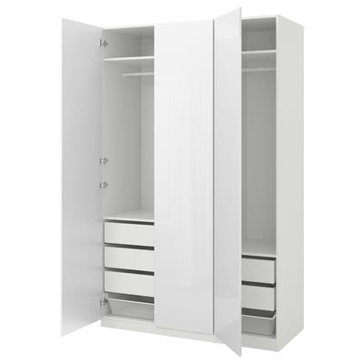 Weißer PAX-Kleiderschrank mit Schubladen und Netzkorb, schlankes, minimalistisches Design.