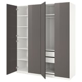 Ikea PAX Kleiderschrank, grau, rechteckig, modernes Design mit offenen Regalen und Schubladen.