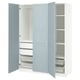 Option: Ikea PAX Kleiderschrank in Hellblau, offen mit Schubladen und Regalen.