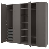 Dunkelgrauer PAX-Kleiderschrank mit offenen Türen, Regalen und Netzschubladen.