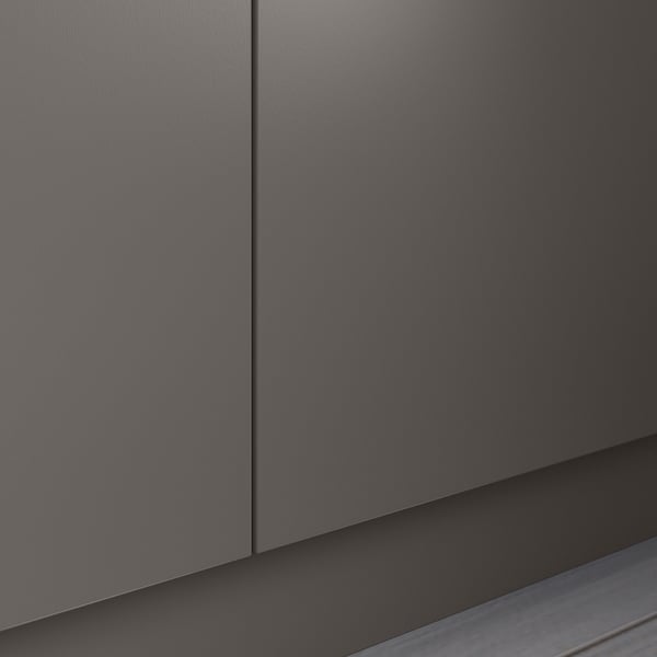 Ein schlanker, moderner grauer PAX-Kleiderschrank mit glatter Oberfläche und klaren Linien.