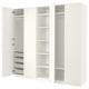 Weißer Ikea PAX-Kleiderschrank mit offenen Abschnitten, Netzkörben und Regalen.