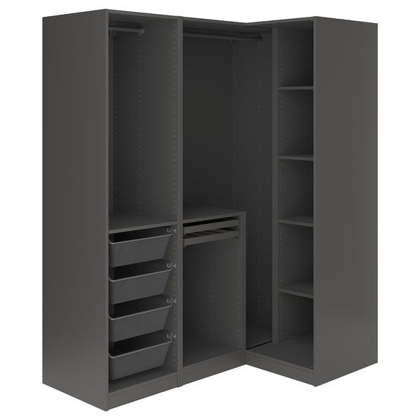 Schwarzer PAX-Kleiderschrank mit Regalen und Netzkörben, modernes Design.