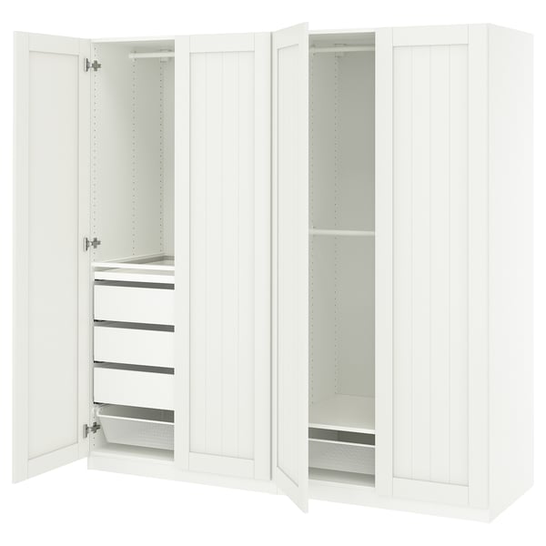 Weißer Ikea PAX Kleiderschrank, offen. Schubladen, Regale, Netzkorb.