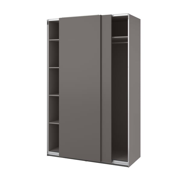 Grauer PAX-Kleiderschrank mit Schiebetüren; Modernes Design, Metall und Spanplatten.