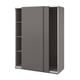 PAX grauer Schiebeschrank, minimalistisches Design, matte Oberfläche, Metallschienen, quadratische Form.