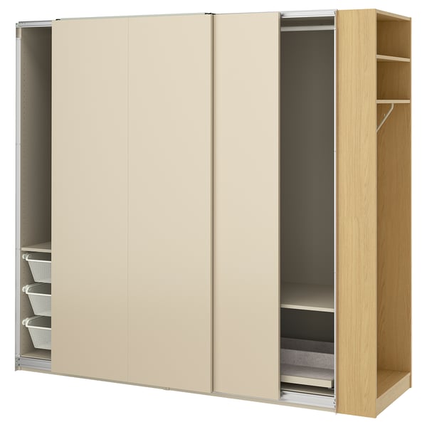 PAX / HASVIK Kleiderschrank mit Schiebetüren, graubeige graubeige/Eichenachbildung, 220x66x201 cm