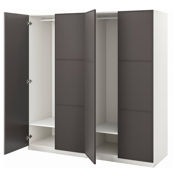 Moderner weiß-grauer PAX-Kleiderschrank mit verstellbaren Regalen und Kleiderstangen.