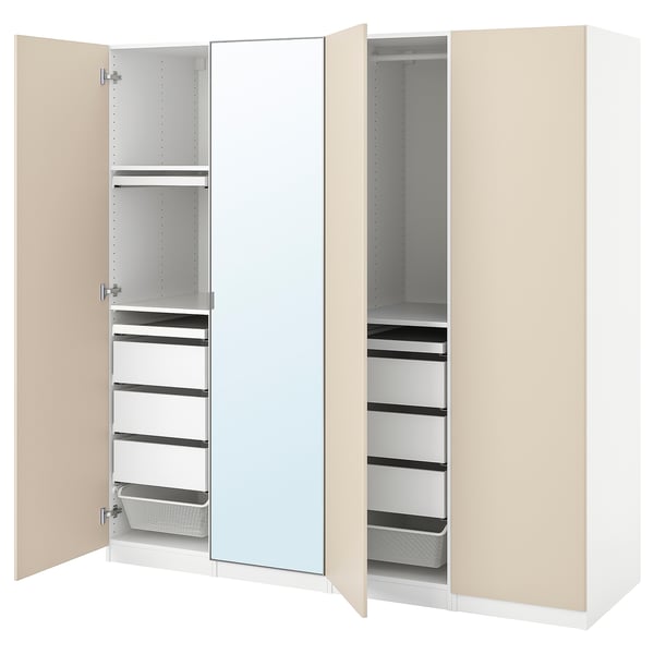 PAX-Kleiderschrank: beige, verspiegelt, Metall- und Glastüren, Soft-Close-Schubladen, 10 Jahre Garantie.