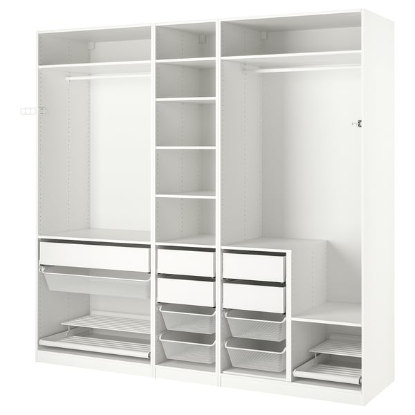Weißer PAX-Kleiderschrank, modernes Design mit Regalen, Schubladen und Metallgitterkörben zur Aufbewahrung.