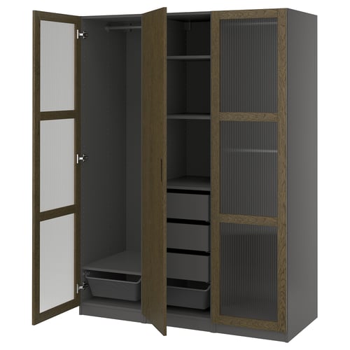 PAX-Kleiderschrank: elegantes Grau mit Eichenverkleidungen, Glastüren, Regalen und Hängefläche.