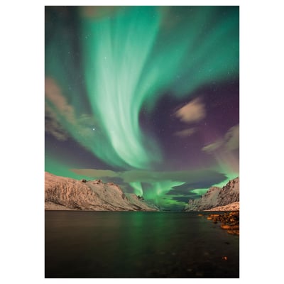 Nordlichter über schneebedeckten Bergen, die sich in ruhigem Wasser und leuchtendem Grün spiegeln.