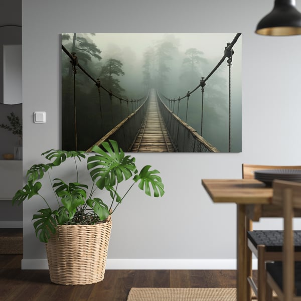 Das große Wandbild PJÄTTERYD hängt über einer Topfpflanze und zeigt eine neblige Hängebrücke. Moderner Esstisch mit Stühlen darunter.