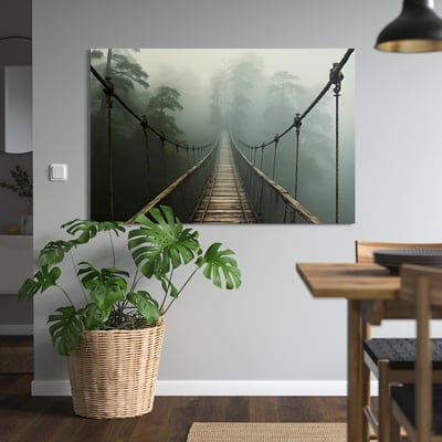 Das große Wandbild PJÄTTERYD hängt über einer Topfpflanze und zeigt eine neblige Hängebrücke. Moderner Esstisch mit Stühlen darunter.