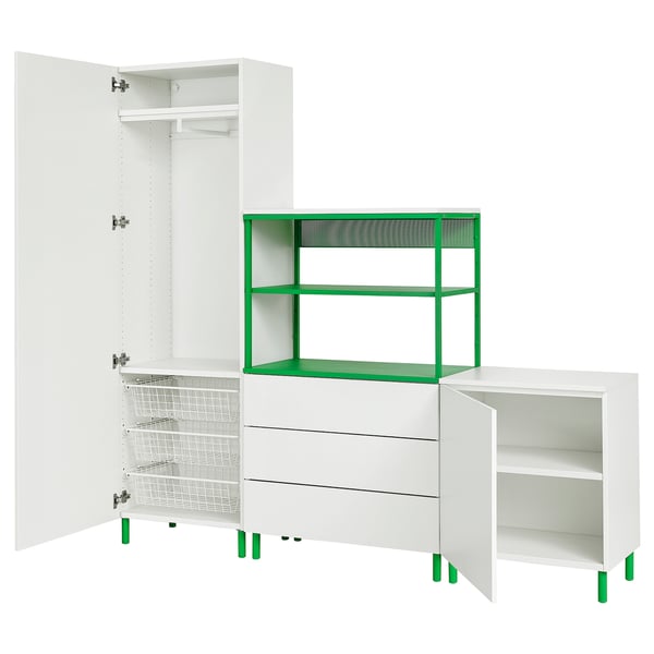 PLATSA Möbelset - weiß & grün, Kleiderschrank, Truhe, Regale. Modular und anpassbar.