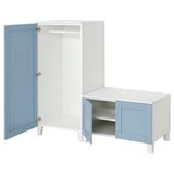 Blau-weißes Aufbewahrungsmöbel-Set mit Kleiderschrank und Bank mit verstellbarer Innenausstattung.