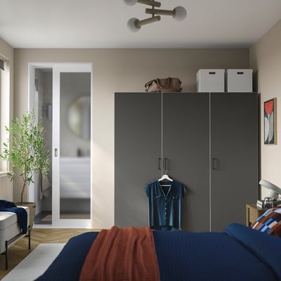 PLATSA Kleiderschrank mit 3 Türen, weiß/SKATVAL dunkelgrau, 180x57x181 cm