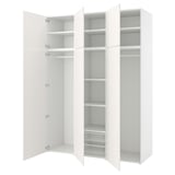 Weißer Aufbewahrungsschrank PLATSA: hoher, dreiteiliger Schrank mit Regalen und Hängestange, modernes, minimalistisches Design.