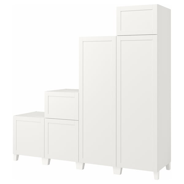 Weiße PLATSA-Aufbewahrungseinheiten: 2 Schränke, 1 Kleiderschrank, klares Design.