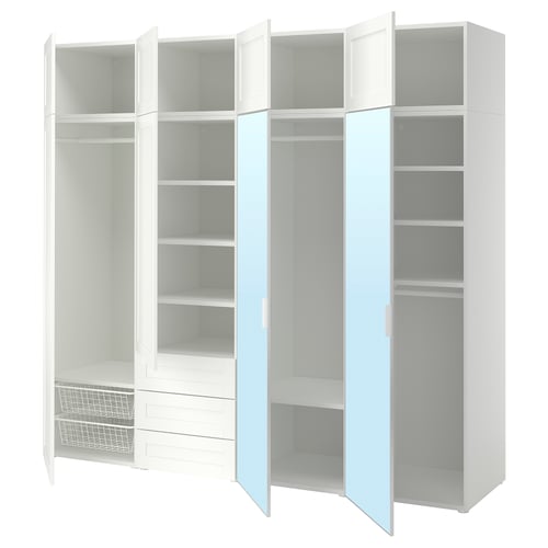 PLATSA Klschrank/8 Türen+3 Schubl., weiß STRAUMEN Spiegelglas/SANNIDAL weiß, 240x57x221 cm