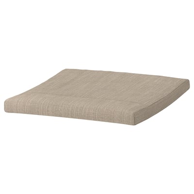 Ein ikea POÄNG Fußhockerkissen, beige, quadratisch, mit strukturiertem Bezug und Kantennähten.