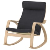 Moderner Schaukelstuhl, schwarze Polsterung, Holzrahmen, schlankes, geschwungenes Design, bequemer und stützender Sitz.