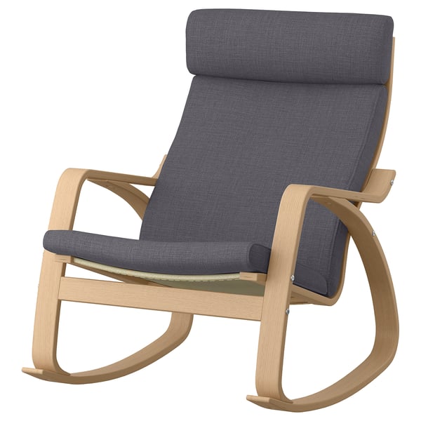 POÄNG Schaukelstuhl, Eiche hell & dunkelblau, geschwungenes Design, Plüschkissen, 10 Jahre Garantie.