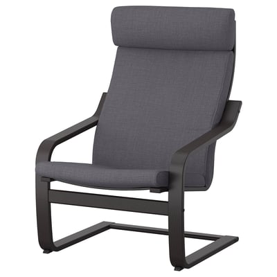 Moderner POÄNG Sessel, grau, dunkles Holzgestell, gepolsterte Sitzfläche und Rücken, geschwungene Linien.