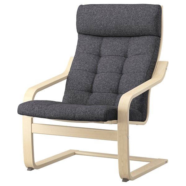 Dunkelgrauer POÄNG Sessel mit gebogenem Holz und Nackenstütze. Hergestellt aus Bugholz und bequemem Stoff.