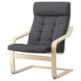 Dunkelgrauer POÄNG Sessel mit gebogenem Holz und Nackenstütze. Hergestellt aus Bugholz und bequemem Stoff.