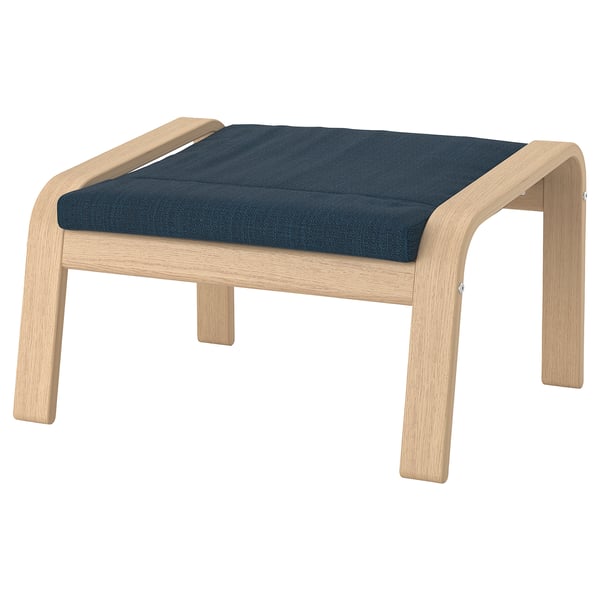 POÄNG Fußhocker, helle Eiche, dunkelblaues Kissen, Holzgestell, rechteckig, modernes minimalistisches Design.