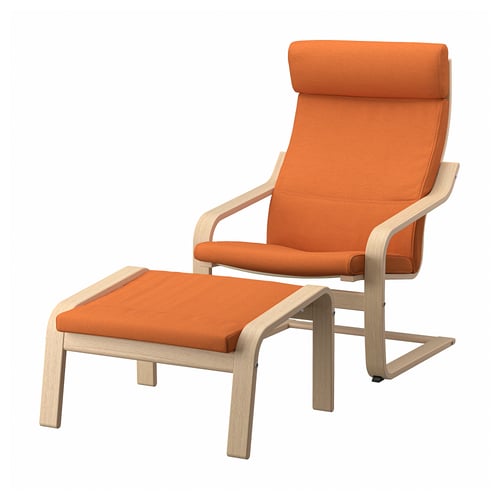 Orange POÄNG Stuhl- und Fußhocker-Set, Gestell aus Eichenholz, weiche Kissen.
