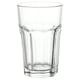 Becher aus klarem gehärtetem Glas, sechseckiges Design, robuster Café-Stil.