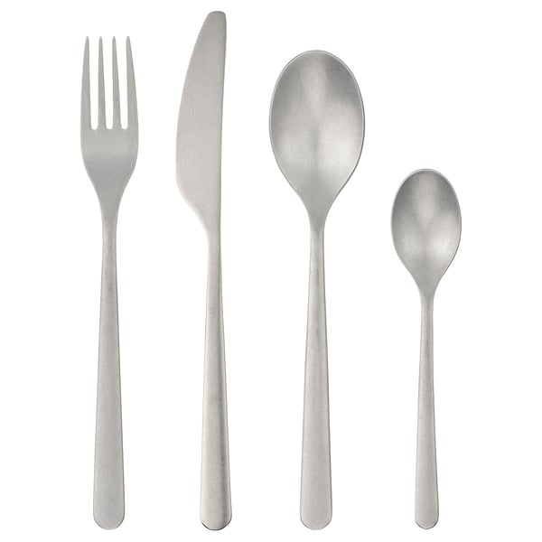 PRAKTBOTIA Silberbesteck-Set: Gabel, Messer, zwei Löffel. Rustikales mattes Finish, Edelstahl, elegantes Design.