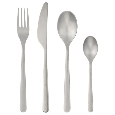 PRAKTBOTIA Silberbesteck-Set: Gabel, Messer, zwei Löffel. Rustikales mattes Finish, Edelstahl, elegantes Design.