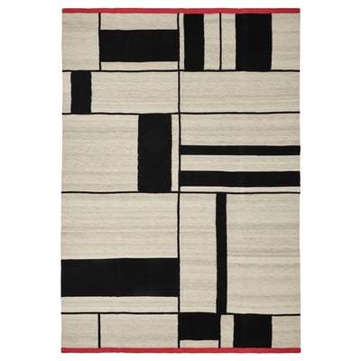 RASTPLATS Teppich: beige/schwarze Rechtecke, rote Bordüre, Wolle-Baumwoll-Mischung, rechteckig, modernes Design.