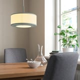 Cremefarbene Lampe über hölzernem Esstisch mit grauen Stühlen und Pflanze.