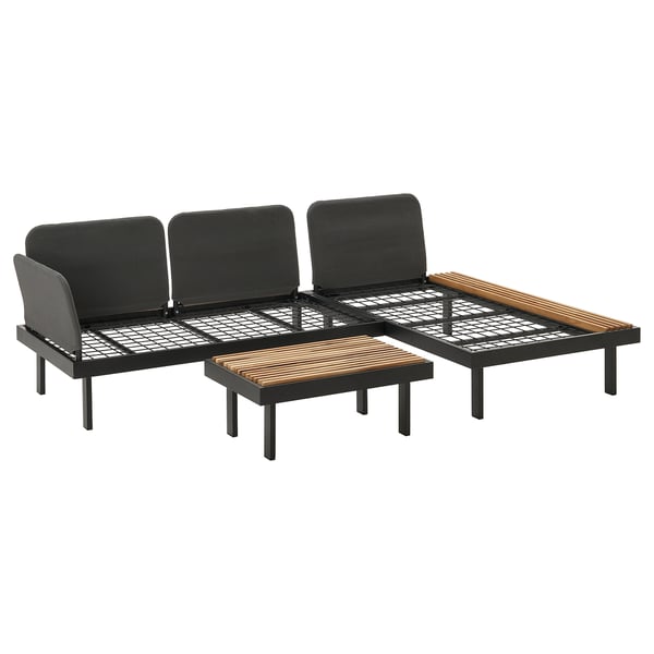 Schwarzes REVSKÄR Outdoor-Lounge-Set mit Sofa, Liege und Tischen, alle mit Metallrahmen und Holzlattenplatten.