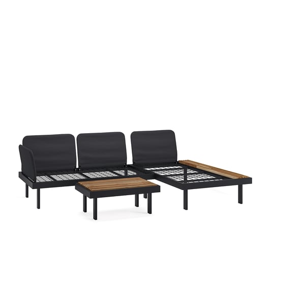 Modernes schwarzes Outdoor-Lounge-Set mit Sofa, Couchtisch und Chaiselongue. Bequem und stilvoll zum Entspannen.