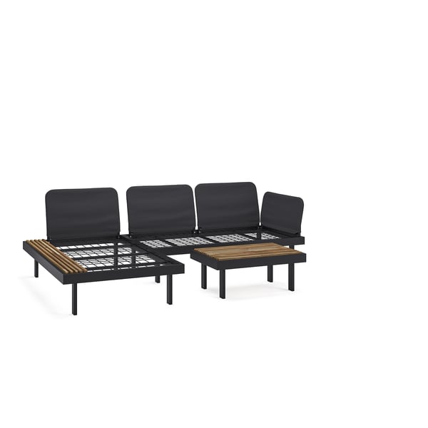Ein schwarzes REVSKÄR Outdoor-Lounge-Set mit einem Sofa, einer Liege und einem Couchtisch mit schlanken Metallrahmen und Holzakzenten.