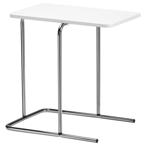 RIAN weißer Beistelltisch: schlankes, modernes Design mit verchromten Beinen, quadratischer Platte, Faserplatten und Stahlkonstruktion.