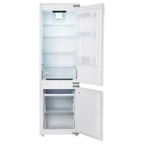 Weißer integrierter Kühlschrank mit Gefrierfach mit verstellbaren Einlegeböden und LED-Licht.