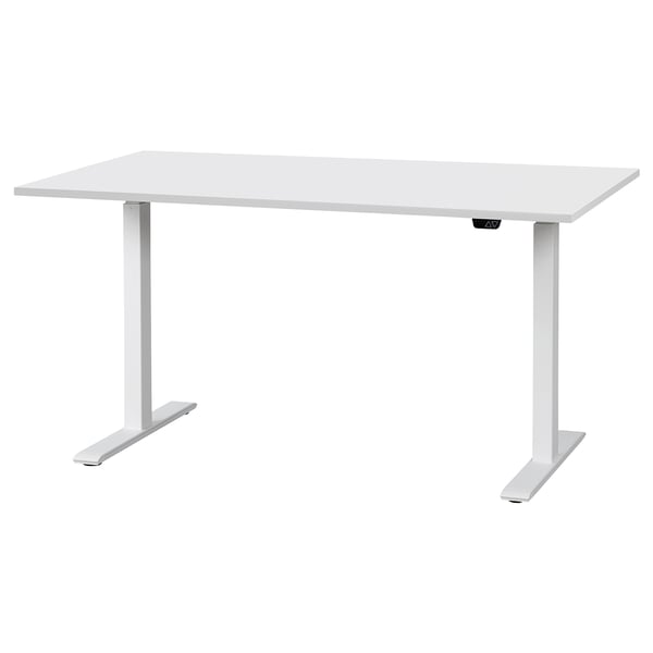 Moderner weißer, verstellbarer Sitz-Steh-Schreibtisch mit minimalistischem Design.