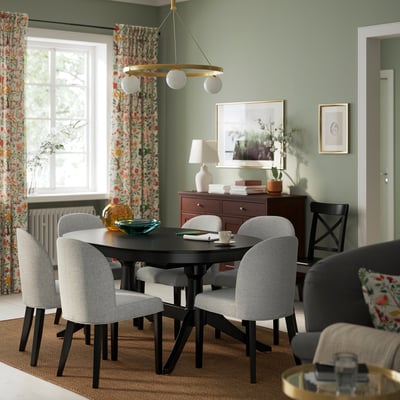 ROSENTORP / ROSENTORP Tisch und 6 Stühle, schwarz/Tibbleby beige/grau schwarz, 160/215x110 cm