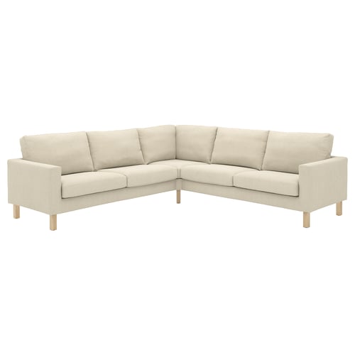 Hellbeige, Ecksofa, gepolstert, saubere Linien.