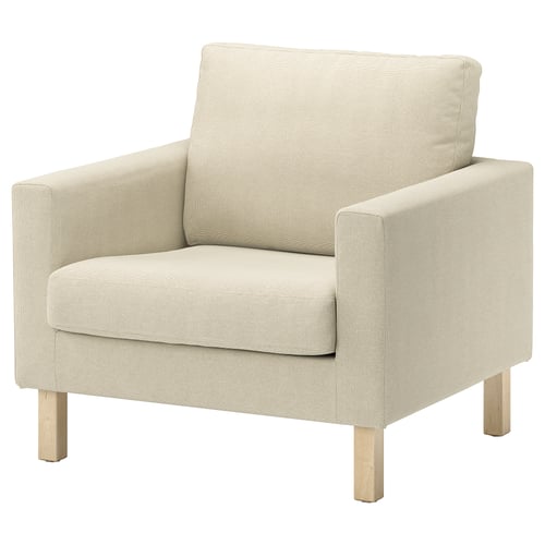 SALTSJÖBADEN beige Stuhl, weicher Stoff, quadratische Form, helle Holzbeine.
